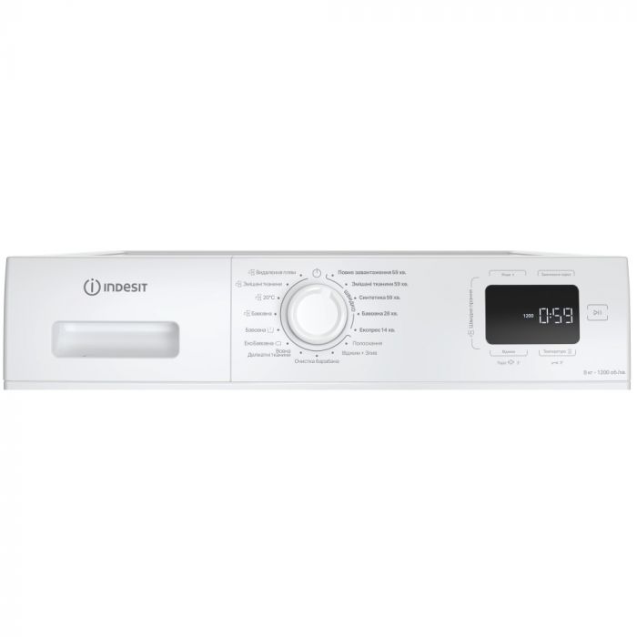 Пральна машина Indesit фронтальна, 8кг, 1200, A+++, 54.6см, дисплей, пара, інвертор, люк чорний, білий