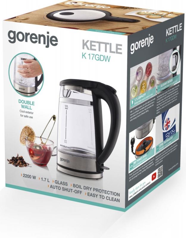 Електрочайник Gorenje 1.7л, 2,200 Вт, strix контроль, скло, чорний