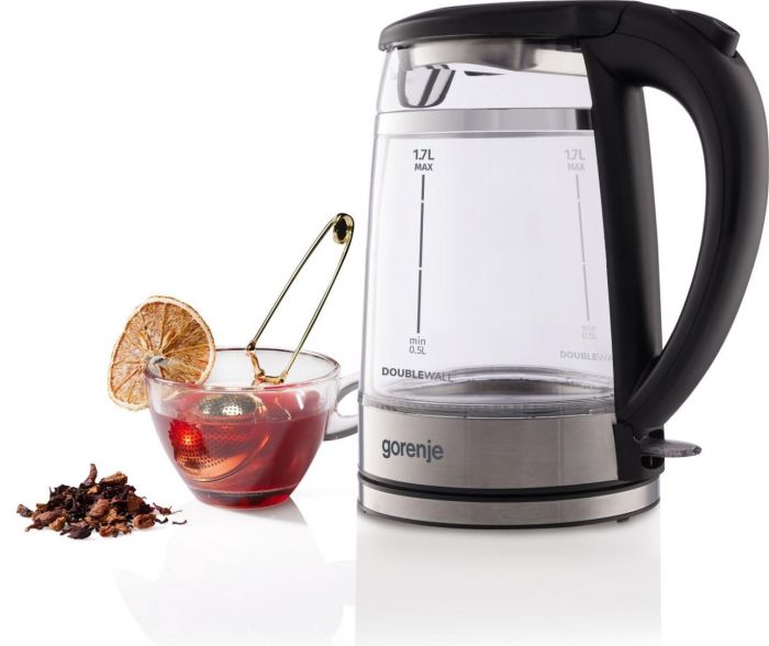 Електрочайник Gorenje 1.7л, 2,200 Вт, strix контроль, скло, чорний