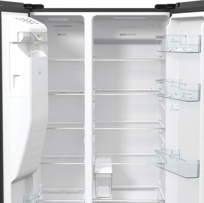 Холодильник SBS Gorenje, 179х70х92см, 2 двері, 376(190)л, А++, NF+, Інв., Зона св-ті, диспенсер, генератор льоду, Зовн. Диспл, чорний