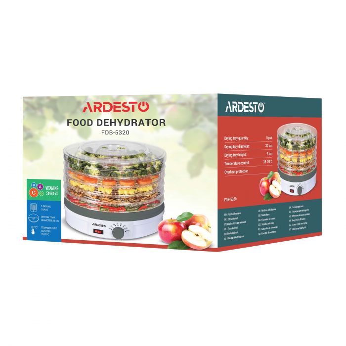 Сушарка для продуктів  ARDESTO FDB-5320, 245Вт, піддонів -5x3см, діаметр-32см, макс-70°С, рег.темп, пластик , білий