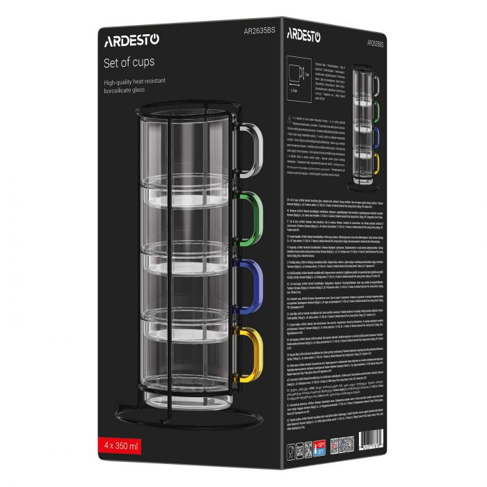 Набір чашок з підставкою Ardesto 350мл, 4шт, боросилікатне скло, прозорий