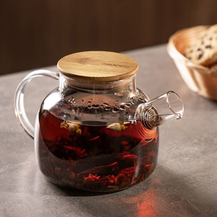 Заварник Ardesto Gemini 1000мл, боросилікатне скло, бамбук, прозорий