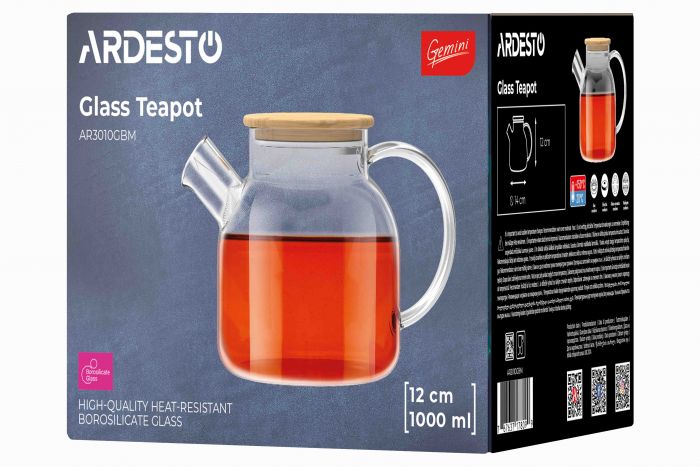 Заварник Ardesto Gemini 1000мл, боросилікатне скло, бамбук, прозорий