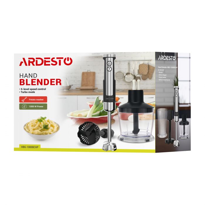 Блендер Ardesto заглибний 1000Вт, 3в1, чаша-600мл, чопер-500мл, насадка для пюре, чорно-сріблястий