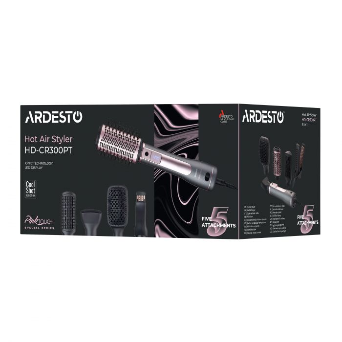 Фен-щітка ARDESTO Brush Pink Touch, 1200Вт, 2 швидкості, 2 темп. режими, LED-дисплей, функція іонізації , 4 насадки, сірий+ рожевий
