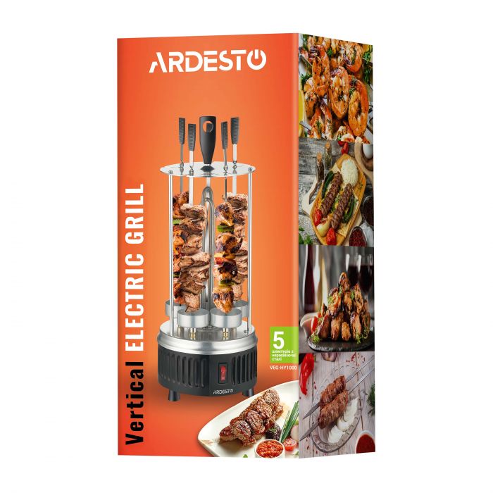 Електрошашличниця ARDESTO 900 Вт, 5 шампурів, обертання 360°, U-подібні нагрівачі, алюмін. кожух, нерж
