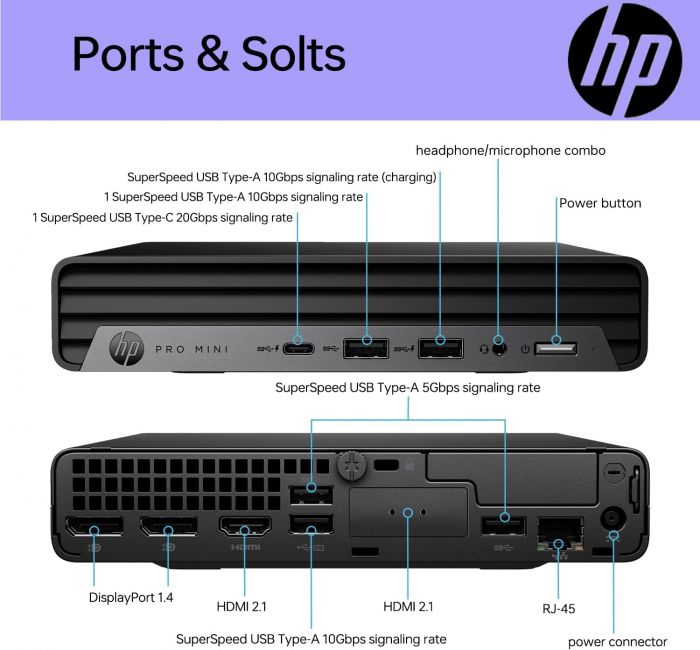 Комп'ютер персональний неттоп HP Pro 400-G9 Mini, Intel i3-13100T, 8GB, F512GB, UMA, WiFi, кл+м, 3р, DOS