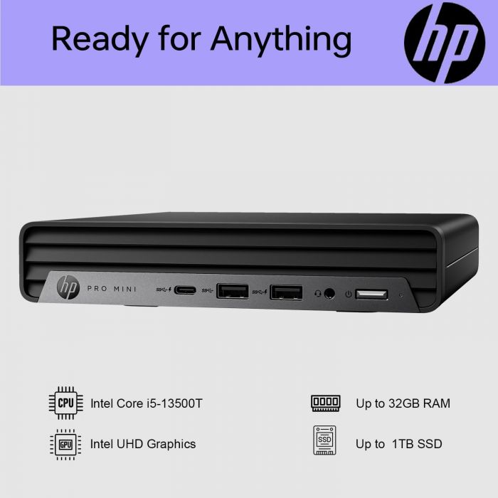Комп'ютер персональний неттоп HP Pro 400-G9 Mini, Intel i3-13100T, 8GB, F512GB, UMA, WiFi, кл+м, 3р, DOS