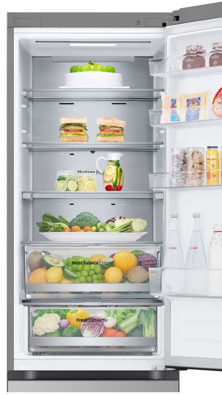 Холодильник LG з нижн. мороз., 203x60х68, холод.відд.-277л, мороз.відд.-110л, 2дв., А++, NF, інв., диспл зовн., Fresh Сonverter, Metal Fresh, сріблястий