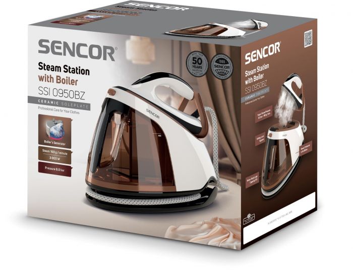 Праска-парогенератор Sencor, 3000Вт, 1500мл, паровий удар -430гр, постійна пара - 160гр, Anti-calc, керам. підошва, біло-коричневий