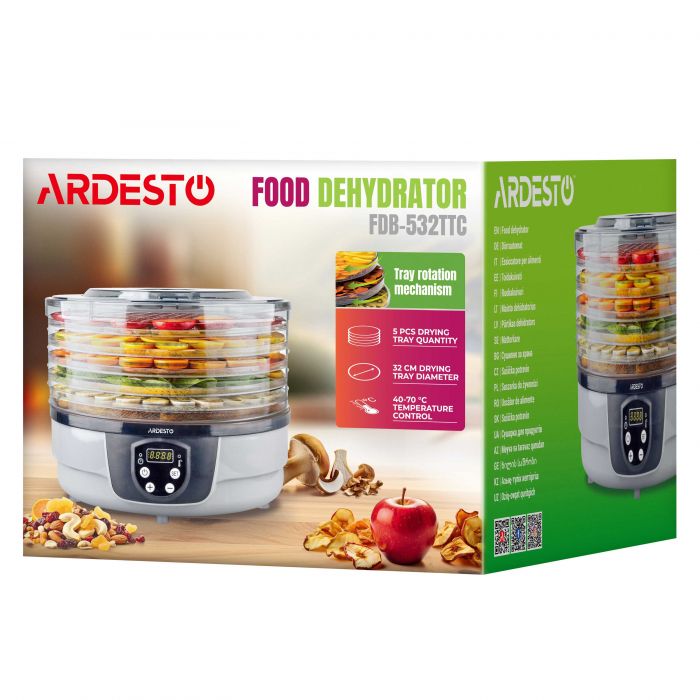 Сушарка для продуктів ARDESTO FDB-532TTC, 250Вт, піддонів -5x3см, діаметр-32см, макс-70°С, таймер, електр. управління, пластик , білий