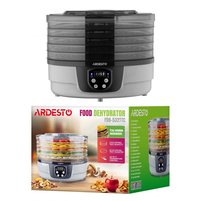 Сушарка для продуктів ARDESTO FDB-532TTC, 250Вт, піддонів -5x3см, діаметр-32см, макс-70°С, таймер, електр. управління, пластик , білий