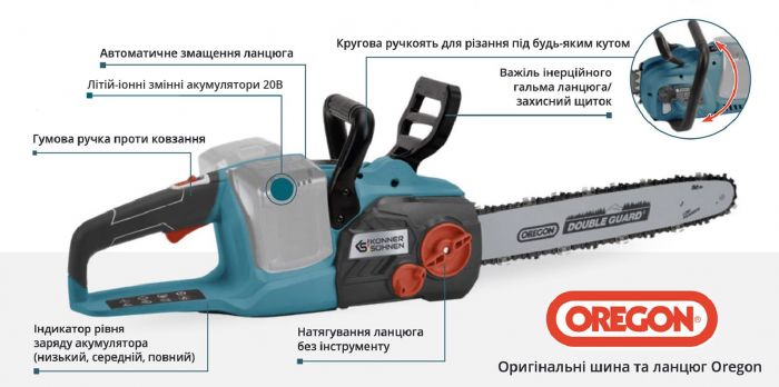 Пила ланцюгова акумуляторна Konner&Sohnen KS CS40V-14 40В(20+20В) акб 2?4А·год 35см 3.7кг