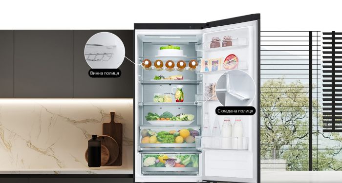 Холодильник LG з нижн. мороз., 203x60х68, холод.відд.-277л, мороз.відд.-107л, 2дв., А++, NF, інв., диспл зовн., Fresh Сonverter, Metal Fresh, чорний матовий