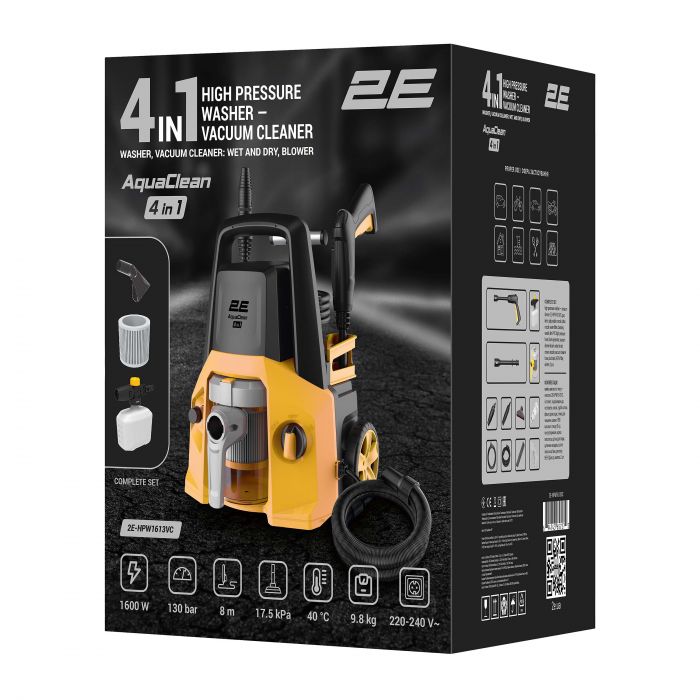Мінімийка високого тиску 2E AquaClean 4в1 1600Вт 130бар 480л/год шланг 8м 11кг