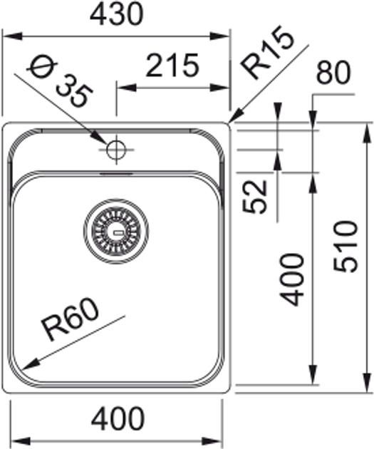 Мийка кухонна Franke Smart, нерж.сталь, прямокутник, без крила, 430х510мм, чаша - 1, монтаж врівень, SRX 210-40 TL, нерж поліров.