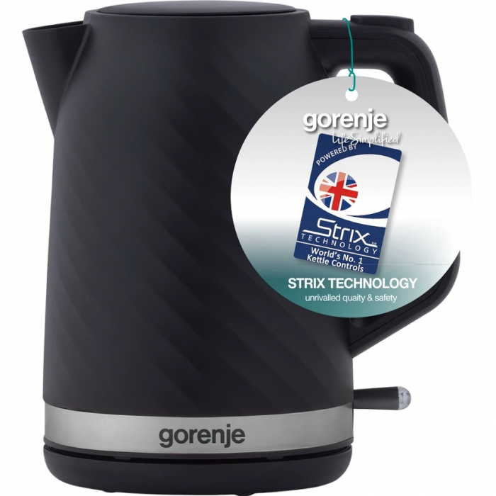Електрочайник Gorenje 1.7л, Strix контроль, чорний матовий