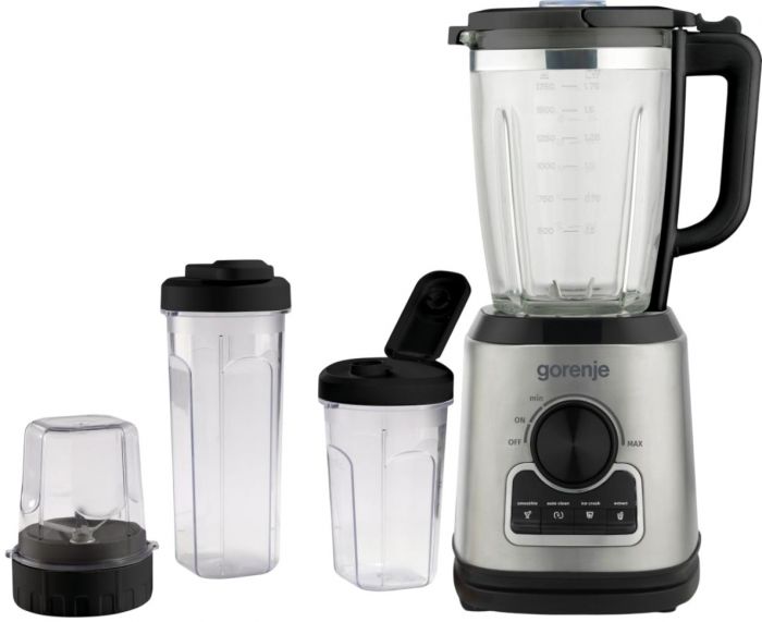 Блендер Gorenje стаціонарний 1400Вт, чаша-1750мл, додаткові ємкості, кавомолка, кришення льоду, приготування супу, імпульсний режим, метал