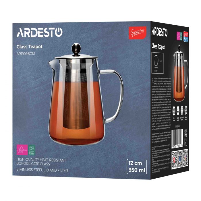 Заварник Ardesto Gemini Milano 950мл, боросилікатне скло, нержавіюча сталь, прозорий