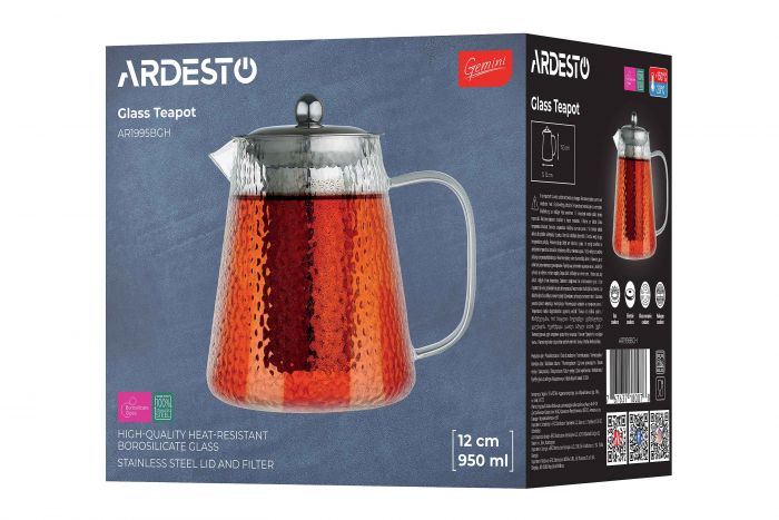 Заварник Ardesto Gemini 950мл, боросилікатне скло, нержавіюча сталь, прозорий