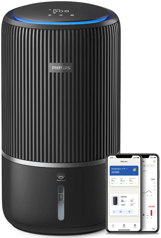 Очисник повітря Philips 2 в 1 PureProtect Water Series 3400, 78м2, 300м3/год, Nano, НЕРА,попередн.,вугільний фільтр, Wi-Fi, датчик якості, температ,вологості, темно-сірий