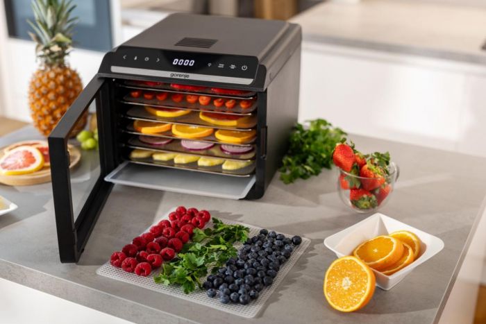 Сушарка для продуктів Gorenje 580Вт, піддонів - 6x1.5см, діаметр - 25см, макс - 75°С, дисплей, пластик+метал, чорний