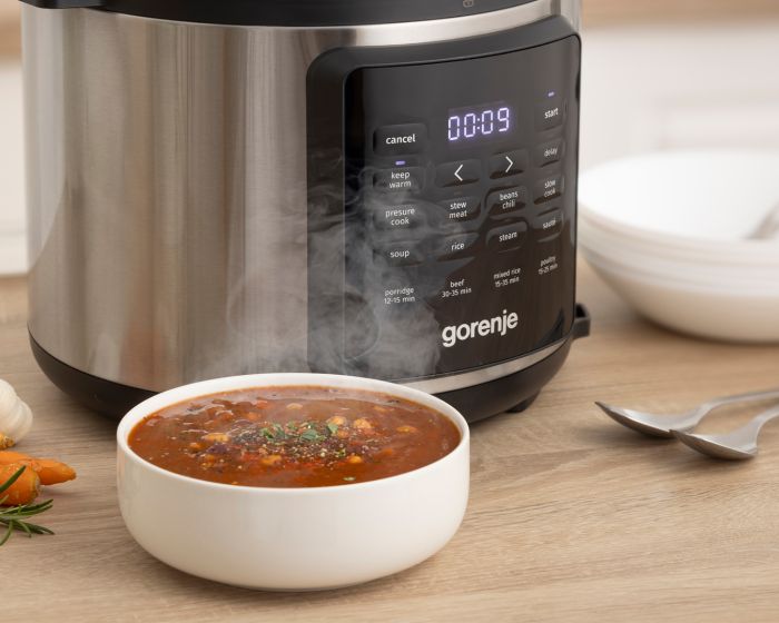 Мультиварка-скороварка Gorenje, 1000Вт, чаша-6л, електронне керув., 8 програм, метал/пластик, чорний-нерж