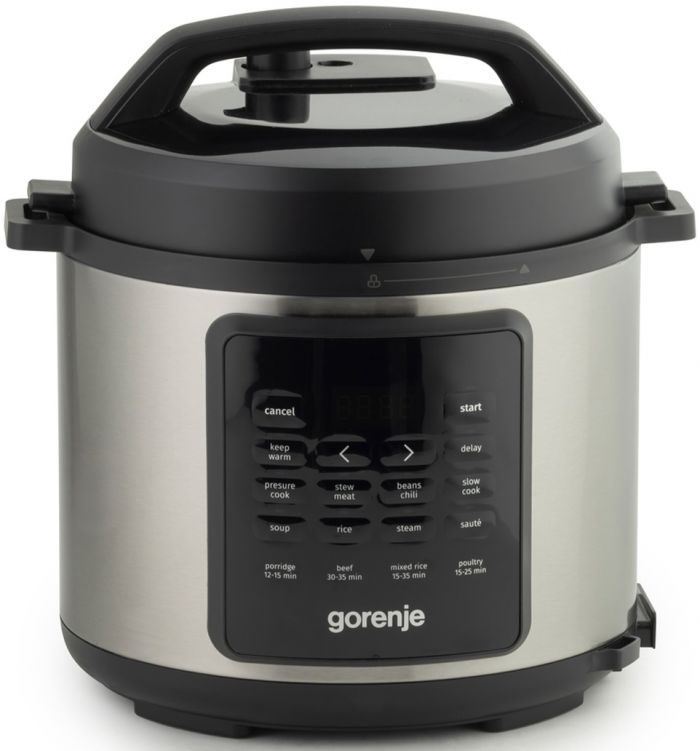 Мультиварка-скороварка Gorenje, 1000Вт, чаша-6л, електронне керув., 8 програм, метал/пластик, чорний-нерж