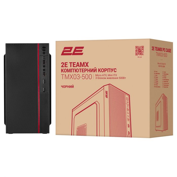 Корпус 2E TeamX TMX03 з БЖ 2E ATX500W, 2xUSB3.0, 1x80мм, VGA 220мм, mATX, чорний