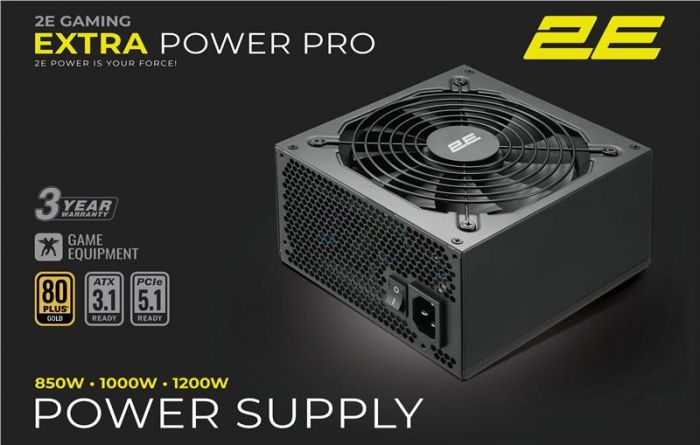 Блок живлення 2E GAMING Extra Power Pro ATX3.1 GEN5.0  (850W), >90%, 80+ Gold, 140мм, 1xMB 24pin(20+4), 2xCPU 8pin(4+4), 3xMolex, 6xSATA, 4xPCIe 8pin(6+2), 1xPCIe GEN5 16pin, Full Modular