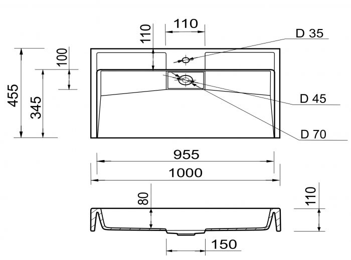 Раковина, умивальник Adamant VISION, штучний камінь, прямокут., з отвором для змішувача, без переливу, 1000х455х110мм, накладний, білий