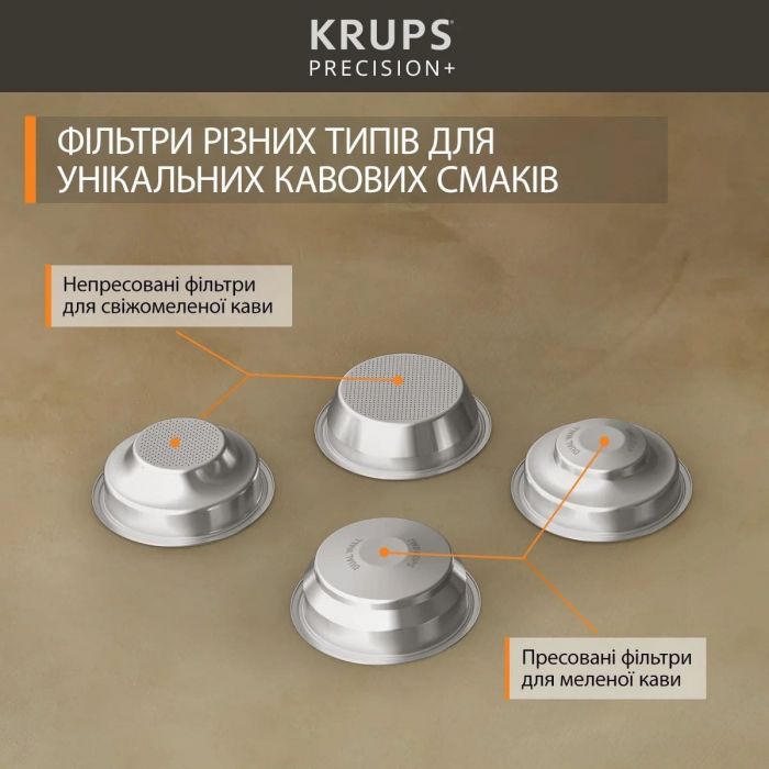 Кавоварка Krups ріжкова Precision+, 3.5л, вдубована кавомолка, ручний капучинатор, 15 бар, чорний-сірий