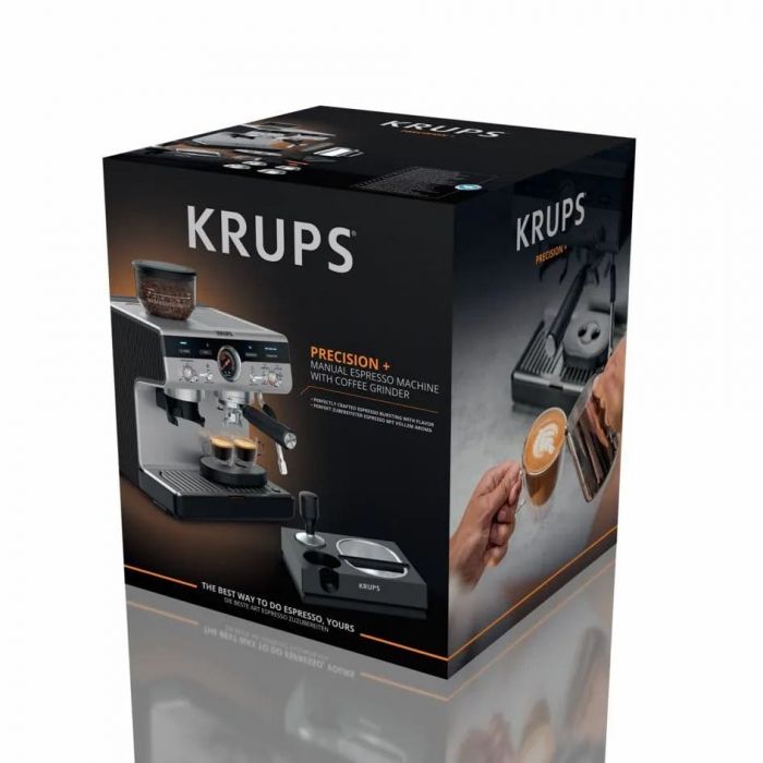 Кавоварка Krups ріжкова Precision+, 3.5л, вдубована кавомолка, ручний капучинатор, 15 бар, чорний-сірий