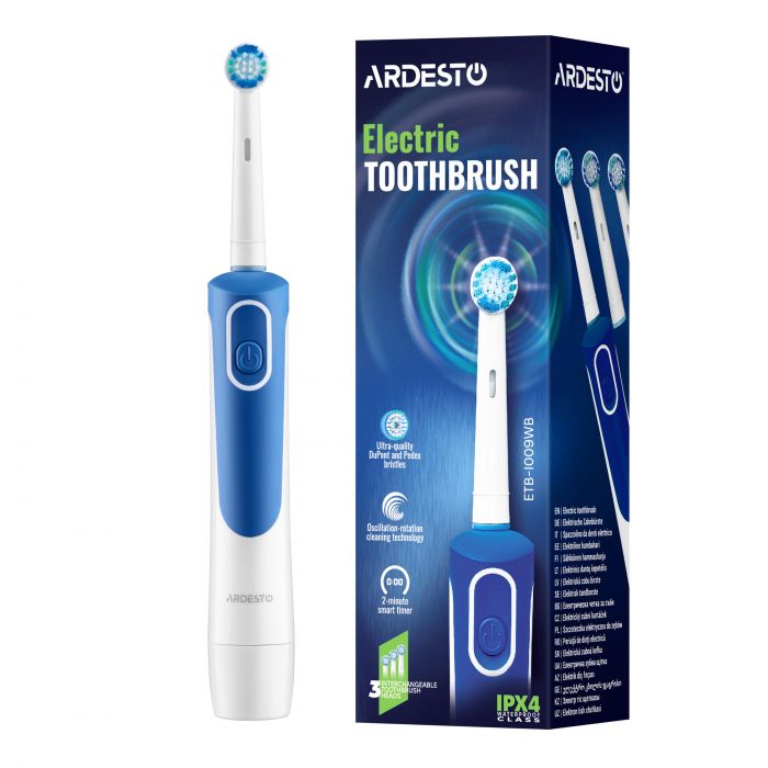 Щітка зубна електр. ARDESTO, ETB-I009WB, 4,5т. колив/хв, насадок-3, IPX4, білий+синій