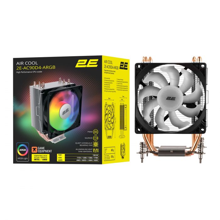 Процесорний кулер  2E GAMING Air Cool AC90D4-ARGB, LGA1851, 1700, 1200, 1366, 115x, AM5, AM4, AM3, AM3+, 4pin PWM, TDP 130W