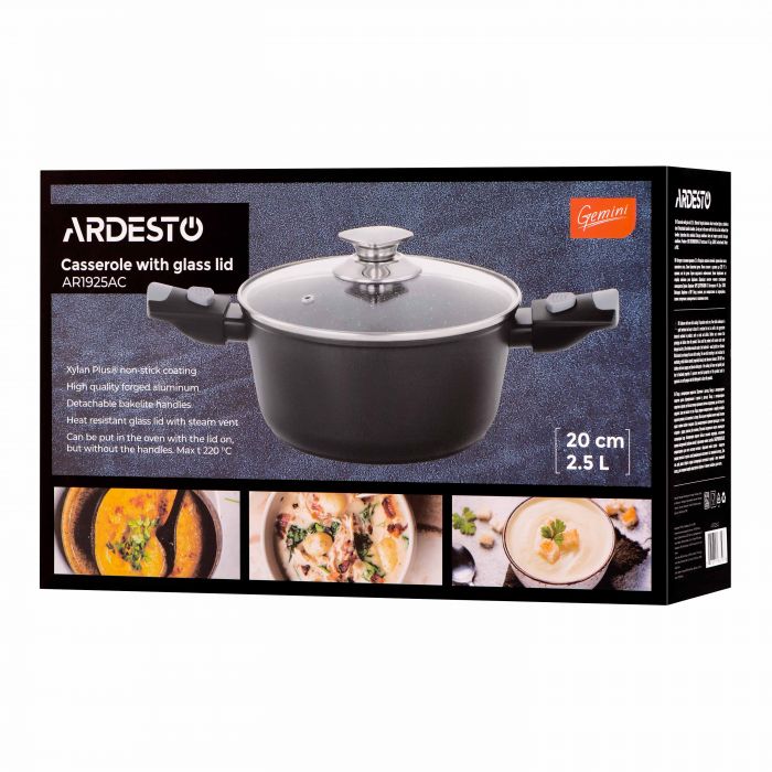 Каструля зі скляною кришкою ARDESTO Gemini Bari, 2.5л, алюміній, чорний