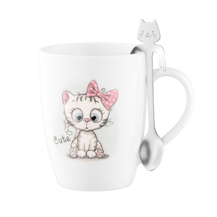 Чашка з ложкою ARDESTO Cute, 320мл, порцеляна, нержавіюча сталь, білий