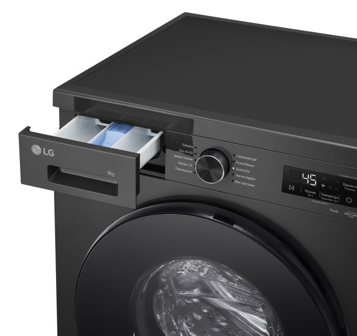 Пральна машина LG фронтальна, 9кг, 1400, A, 55см, дисплей, пара, інвертор, чорний