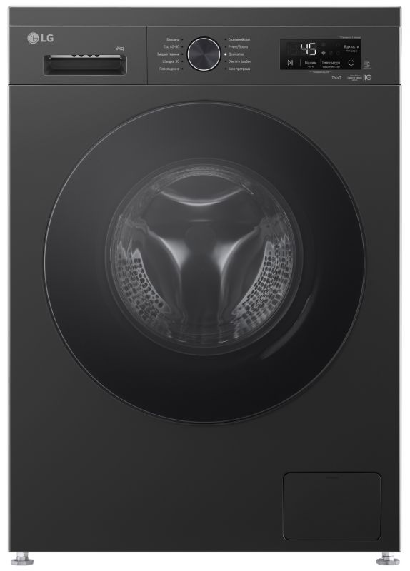 Пральна машина LG фронтальна, 9кг, 1400, A, 55см, дисплей, пара, інвертор, чорний