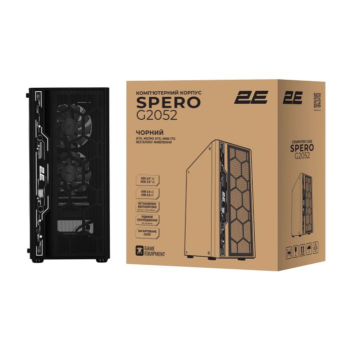 Корпус 2E GAMING Spero G2052 без БЖ 2xUSB3.0, 1xUSB2.0, 1x120мм ARGB, 2x120мм, VGA 345мм, LCS ready, TG Side Panel, ATX, чорний