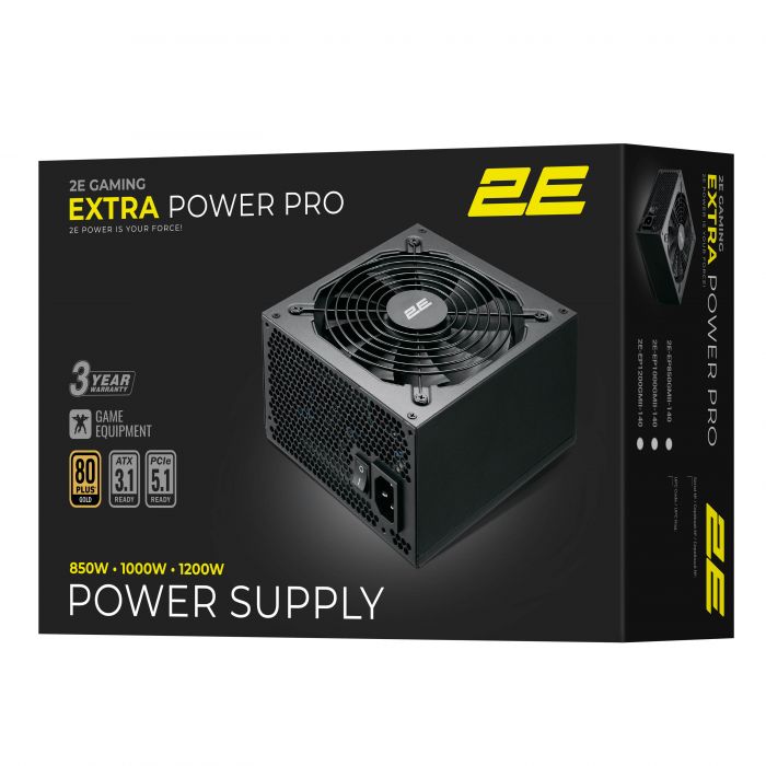 Блок живлення 2E GAMING Extra Power Pro ATX3.1 GEN5.0  (1000W), >90%, 80+ Gold, 140мм, 1xMB 24pin(20+4), 2xCPU 8pin(4+4), 3xMolex, 6xSATA, 4xPCIe 8pin(6+2), 1xPCIe GEN5 16pin, Full Modular