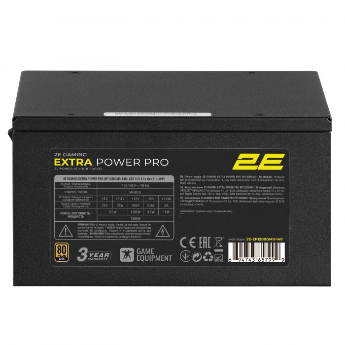 Блок живлення  2E GAMING Extra Power Pro ATX3.1 GEN5.0  (1200W), >90%, 80+ Gold, 140мм, 1xMB 24pin(20+4), 2xCPU 8pin(4+4), 3xMolex, 9xSATA, 6xPCIe 8pin(6+2), 1xPCIe GEN5 16pin, Full Modular