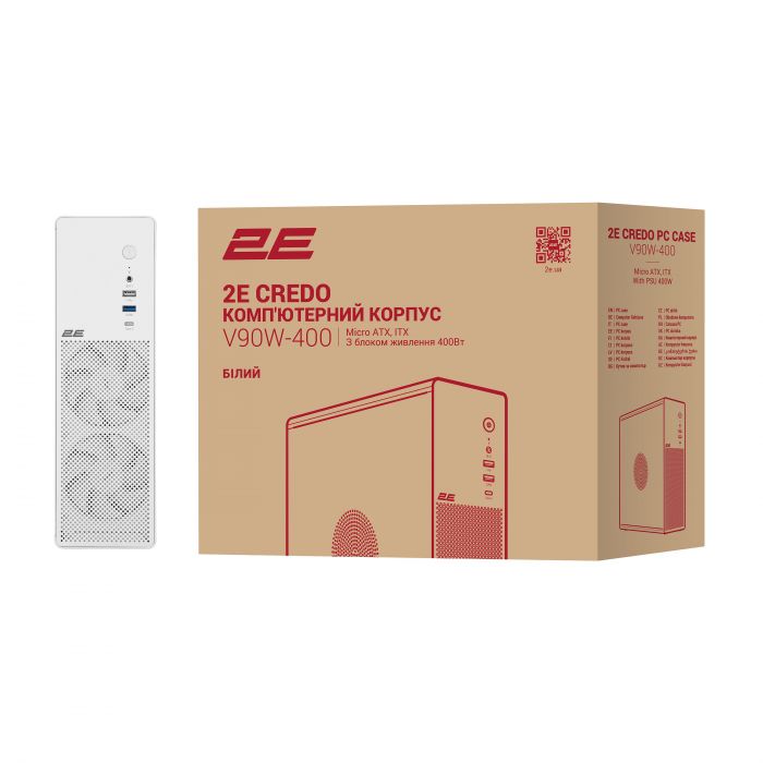 Корпус 2E Credo Slim V90W-400 з БЖ 2E TFX400, 1xUSB3.0, 1х USB 2.0, 1xUSB Type-C, 2x90мм, VGA 220мм, mATX, білий