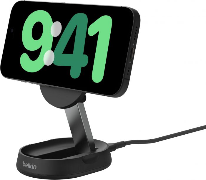 Зарядний пристрій бездротовий Belkin 15Вт Magnetic Stand Qi2, адаптер 20Вт USB-C, чорний
