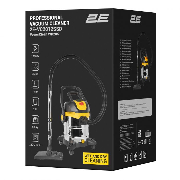 Пилосос професійний 2E PowerClean 20S 1200Вт 17кПа контейнер 20л розетка 220В/2000Вт вологе/сухе прибирання функція повітродувки IPX4 5.6кг