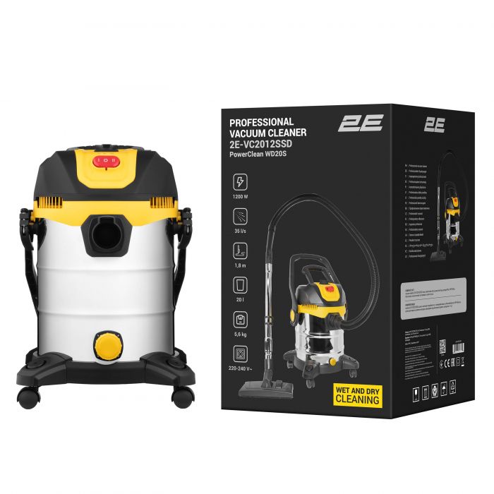 Пилосос професійний 2E PowerClean 20S 1200Вт 17кПа контейнер 20л розетка 220В/2000Вт вологе/сухе прибирання функція повітродувки IPX4 5.6кг