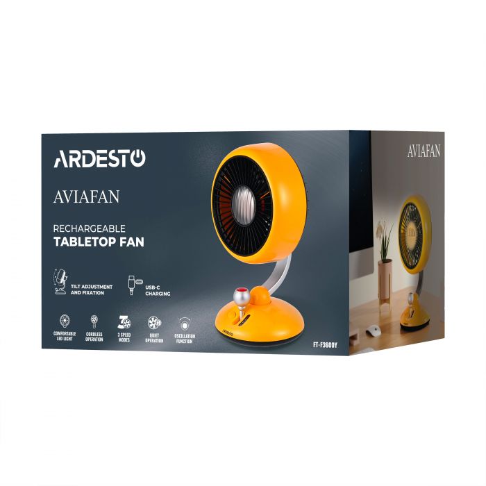 Вентилятор ARDESTO AviaFan FT-F3600Y настільний, 12см, акумулятор, підсвічування, USB-A Type-C, жовтий