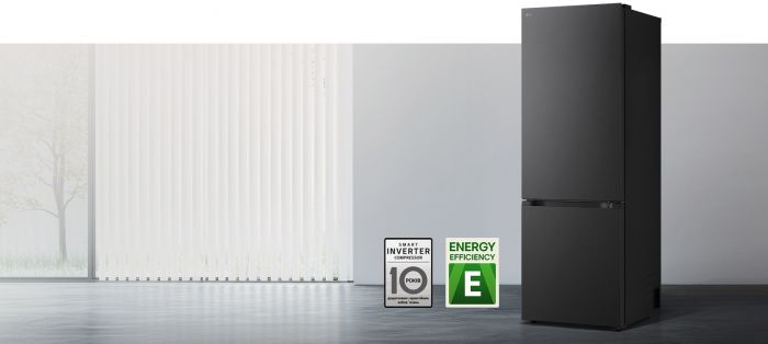 Холодильник LG з нижн. мороз., 203x60х68, холод.відд.-262л, мороз.відд.-113л, 2дв., E, NF, інв., диспл внутр., Fresh Сonverter, Metal Fresh, чорний матовий