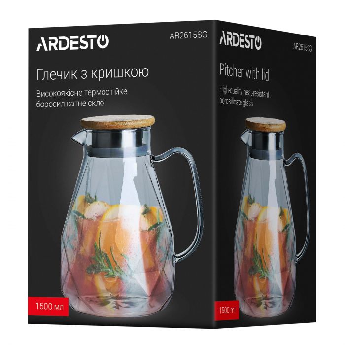 Глечик з кришкою ARDESTO Graphite 1500мл, боросилікатне скло, бамбук, нержавіюча сталь, сірий
